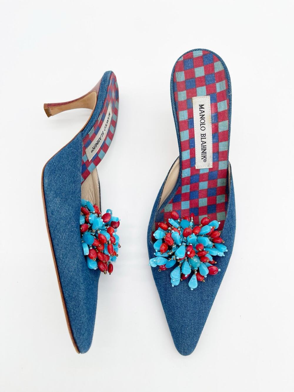 Manolo Blahnik Vintage Blue Denim Bead Embellished Pointed Toe Heels Mules IT 39